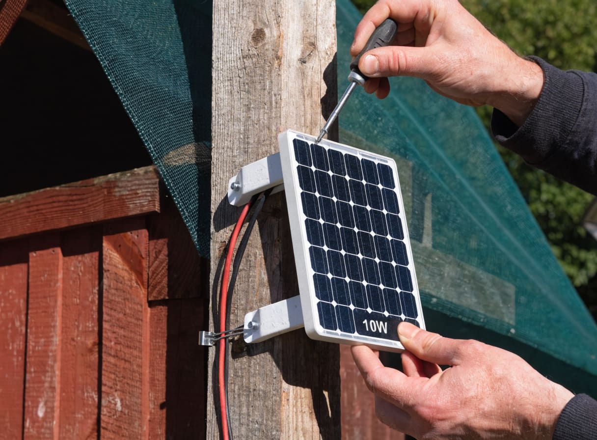 10W solar panel mounted at an angle on a chicken coop roof with wiring running into a waterproof project box