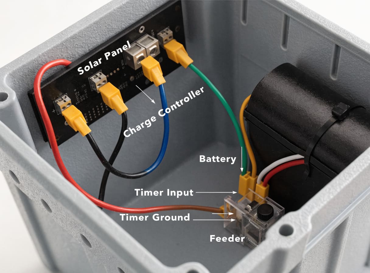 Wiring diagram showing solar panel, charge controller, battery, and feeder motor connected inside a labeled project box
