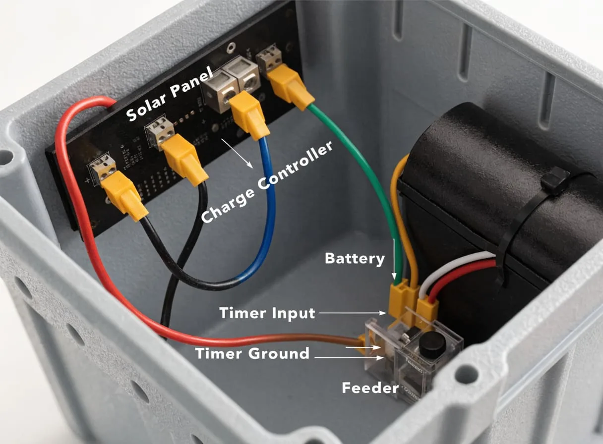 Wiring diagram showing solar panel, charge controller, battery, and feeder motor connected inside a labeled project box