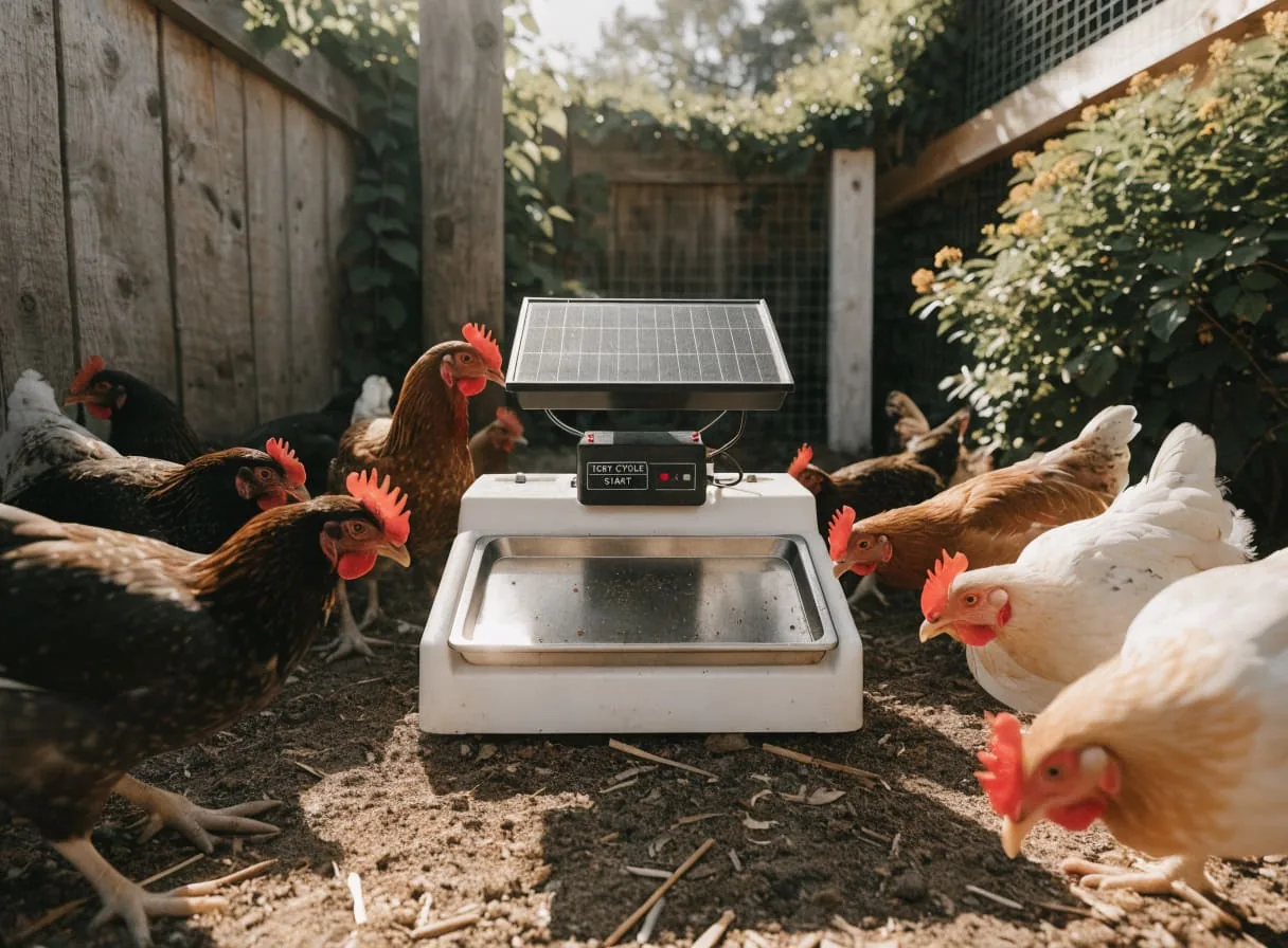 Chickens gathering around the automatic feeder tray during a test dispense cycle in a backyard coop setting