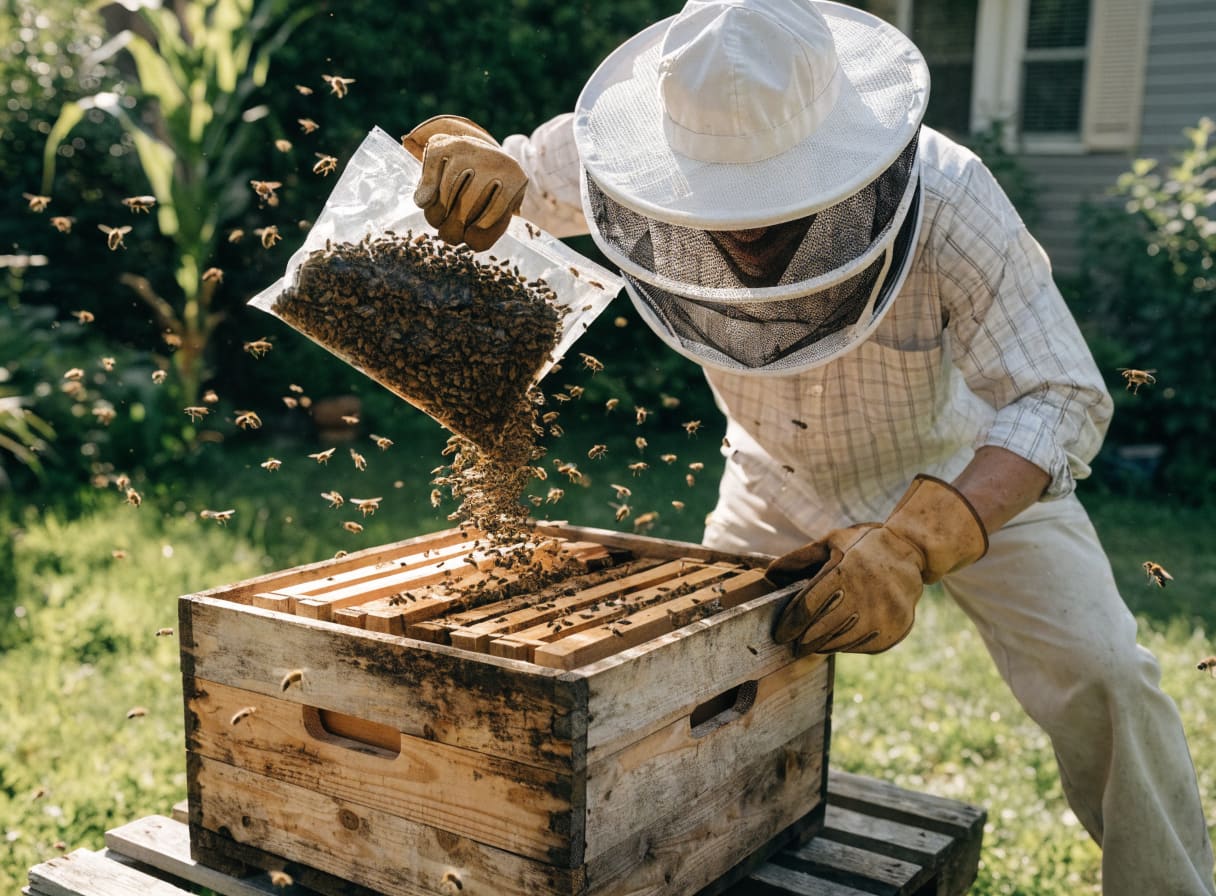 Beekeeper shaking a package of bees into a wooden Langstroth hive body during a colony installation