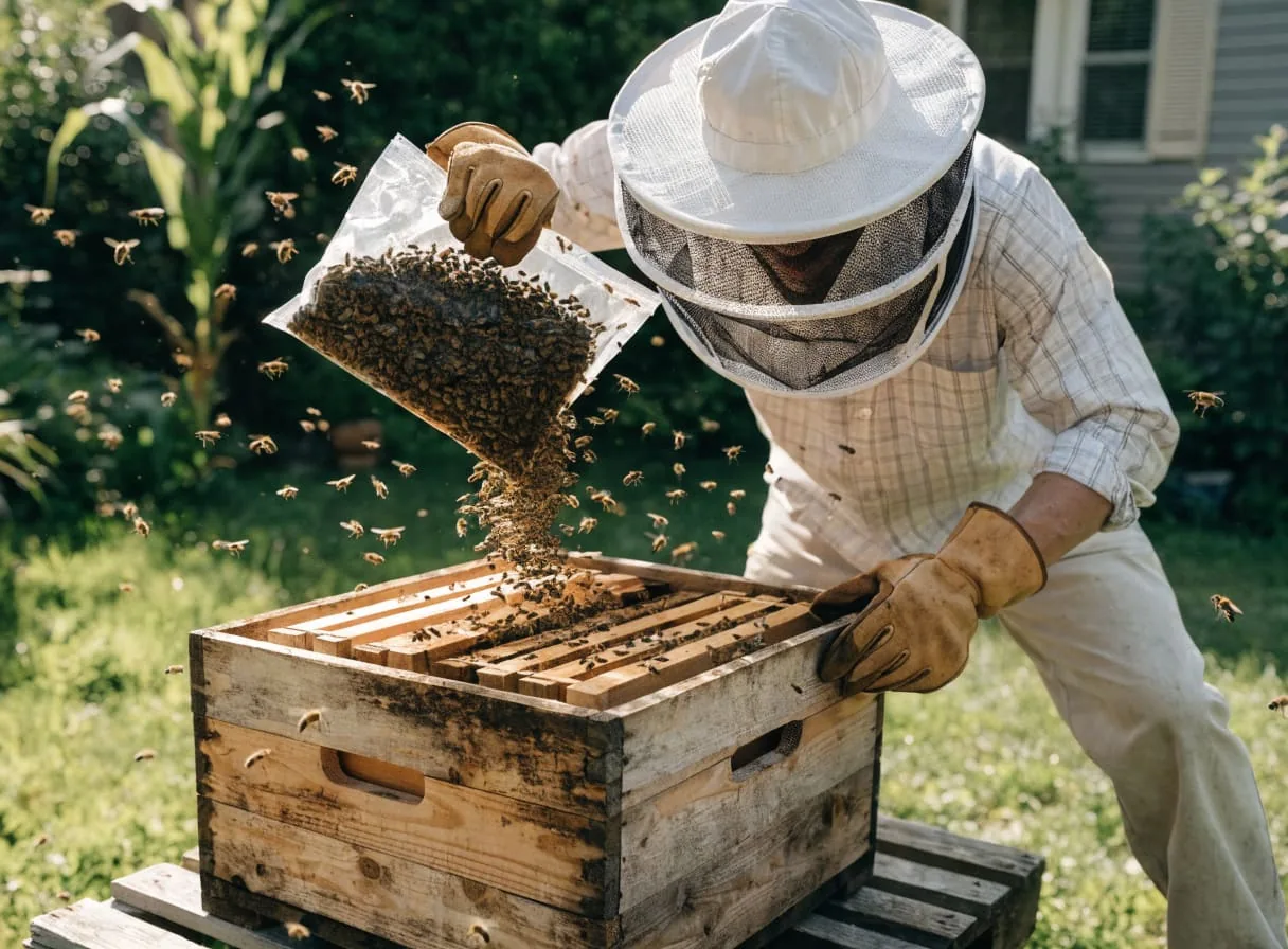 Beekeeper shaking a package of bees into a wooden Langstroth hive body during a colony installation