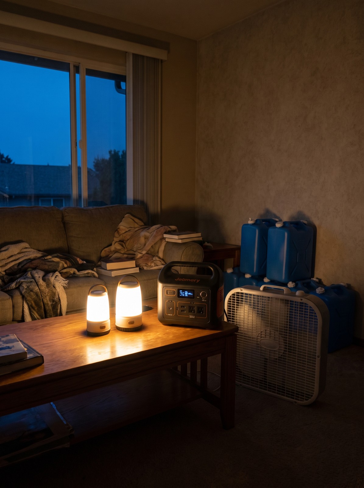 A living room during a blackout lit by LED lanterns, with a portable power station running a fan and water jugs stacked against the wall