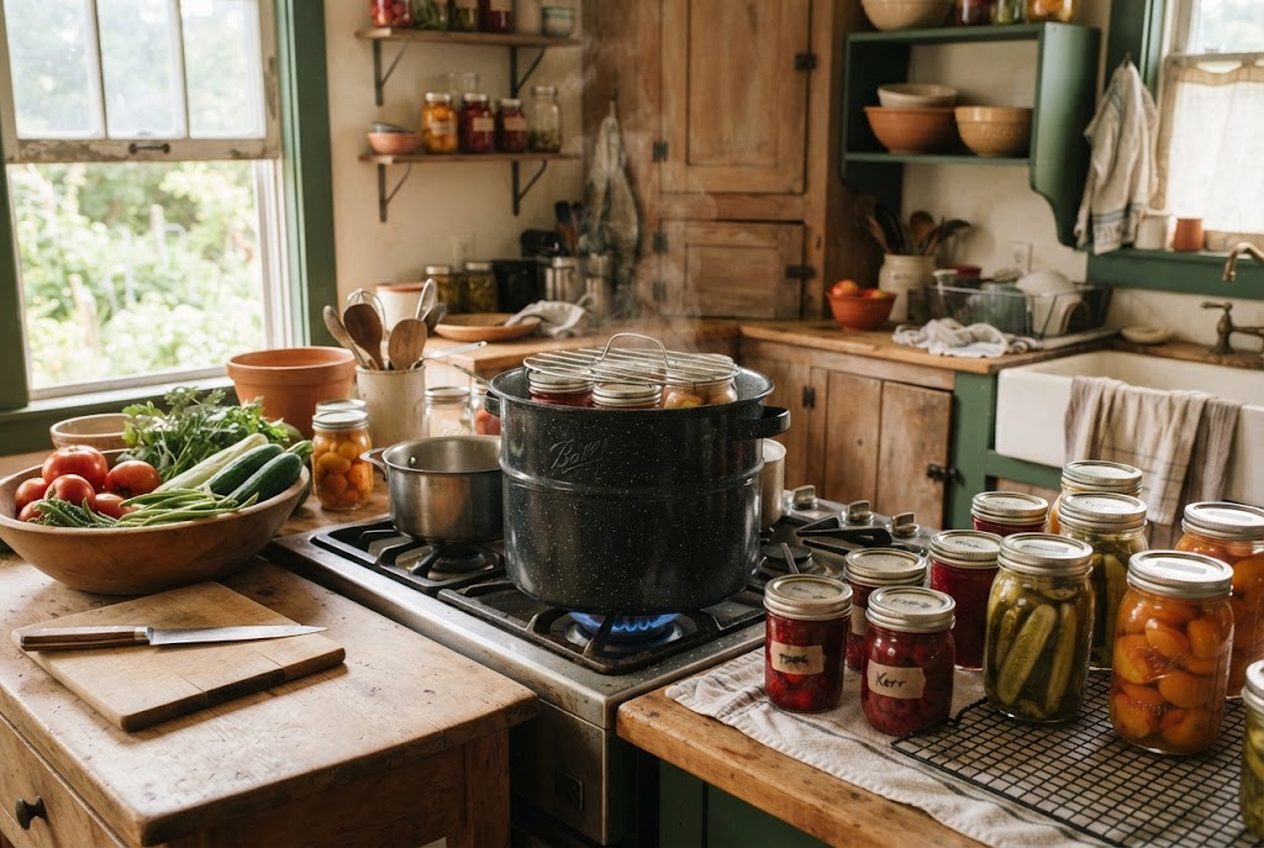A water-bath canner on a stove surrounded by summer produce and jars of jam, pickles and fruit on the counter