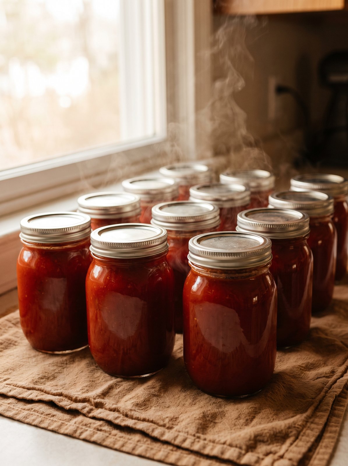Rows of freshly canned tomato jars with sealed lids cooling on a cloth by a window