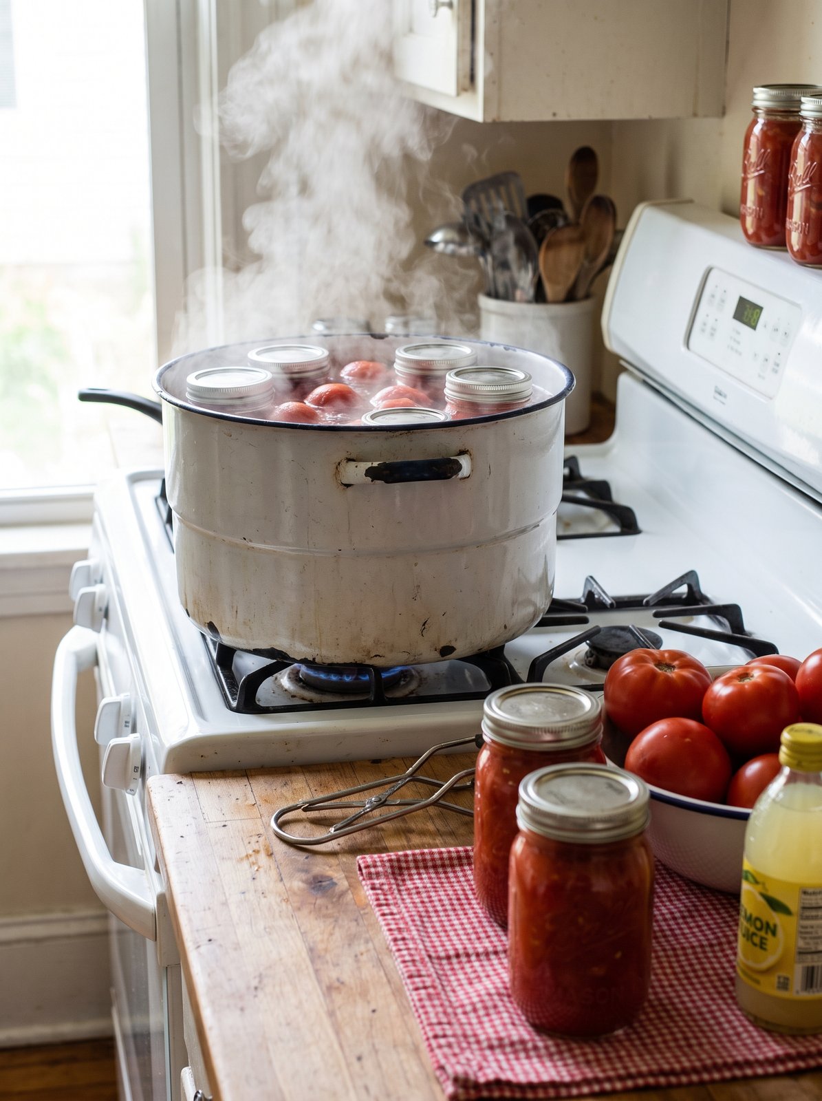 A steaming water-bath canner on a stove with jars of red tomatoes and fresh tomatoes on the counter