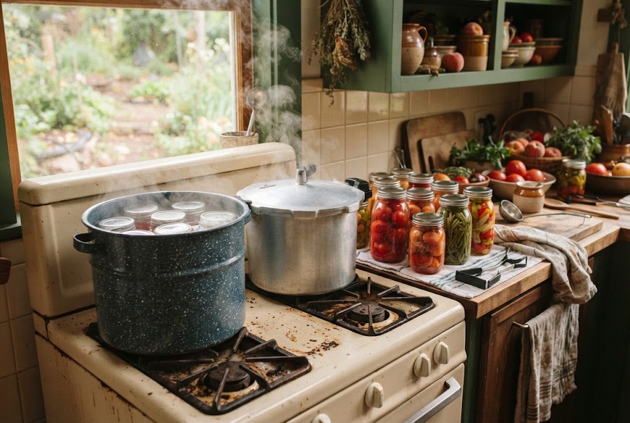 A water-bath canner and a pressure canner side by side on a stove with jars of fruit and vegetables