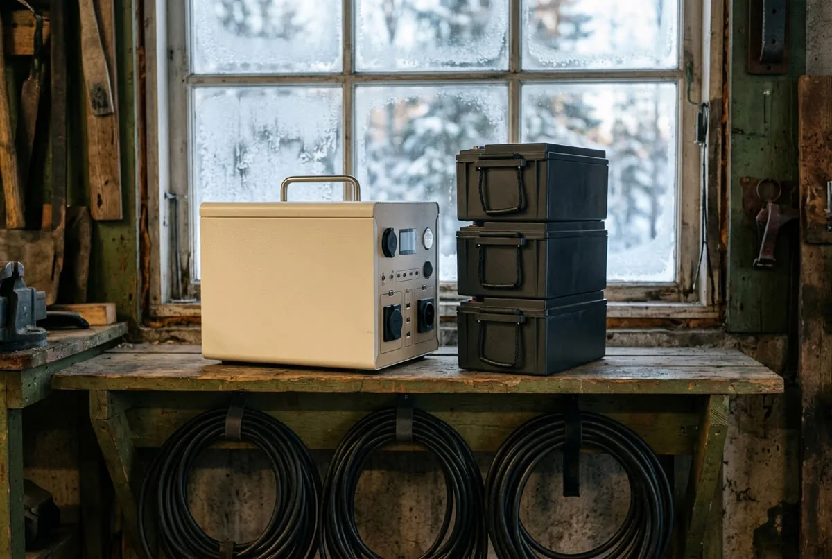 Solar generator and stacked battery packs on a frosty garage shelf