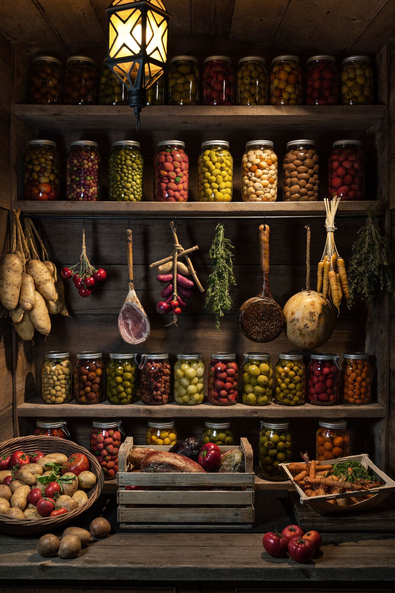 Rustic root cellar stocked with preserved foods, canning jars, smoked meats and hanging vegetables — frontier homestead food storage